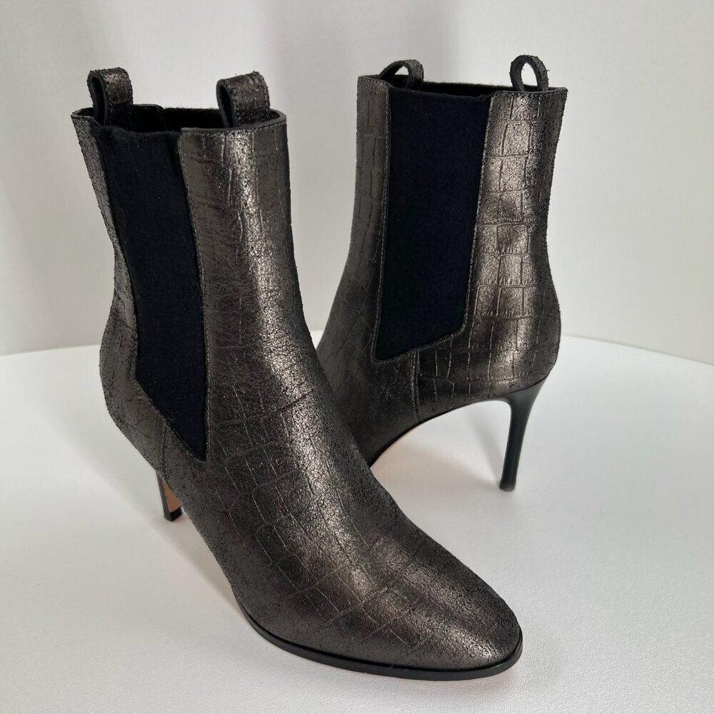 PAIGE Celeste Ankle Bootie Size 8.5 Stiletto Heel Gunmetal Croc Leather Metallic - Picture 7 of 14